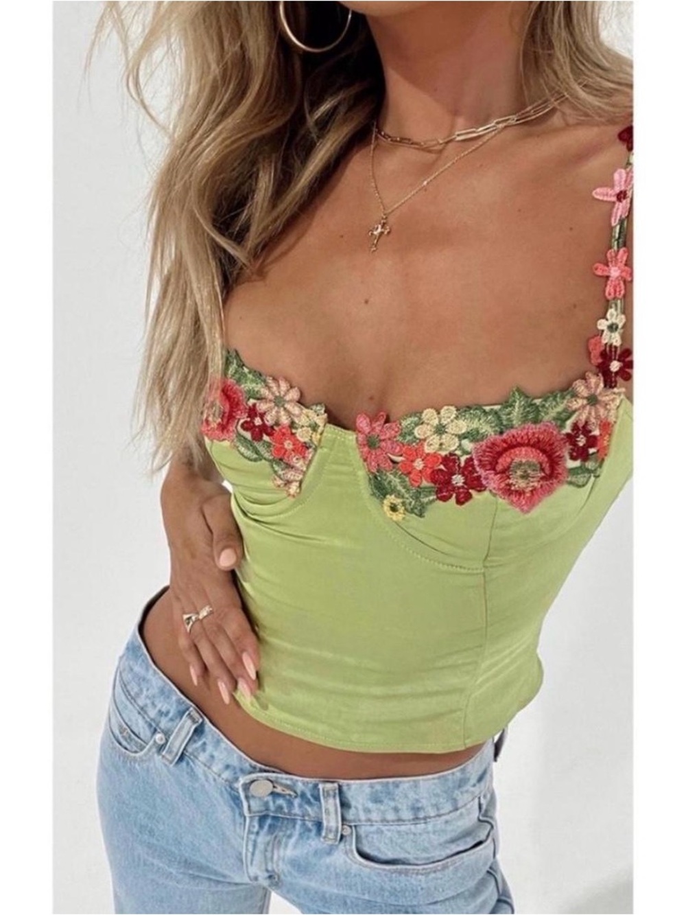 Princess Polly Enchante To Meet You Top Silky Satin Corset Floral Crop Top Green